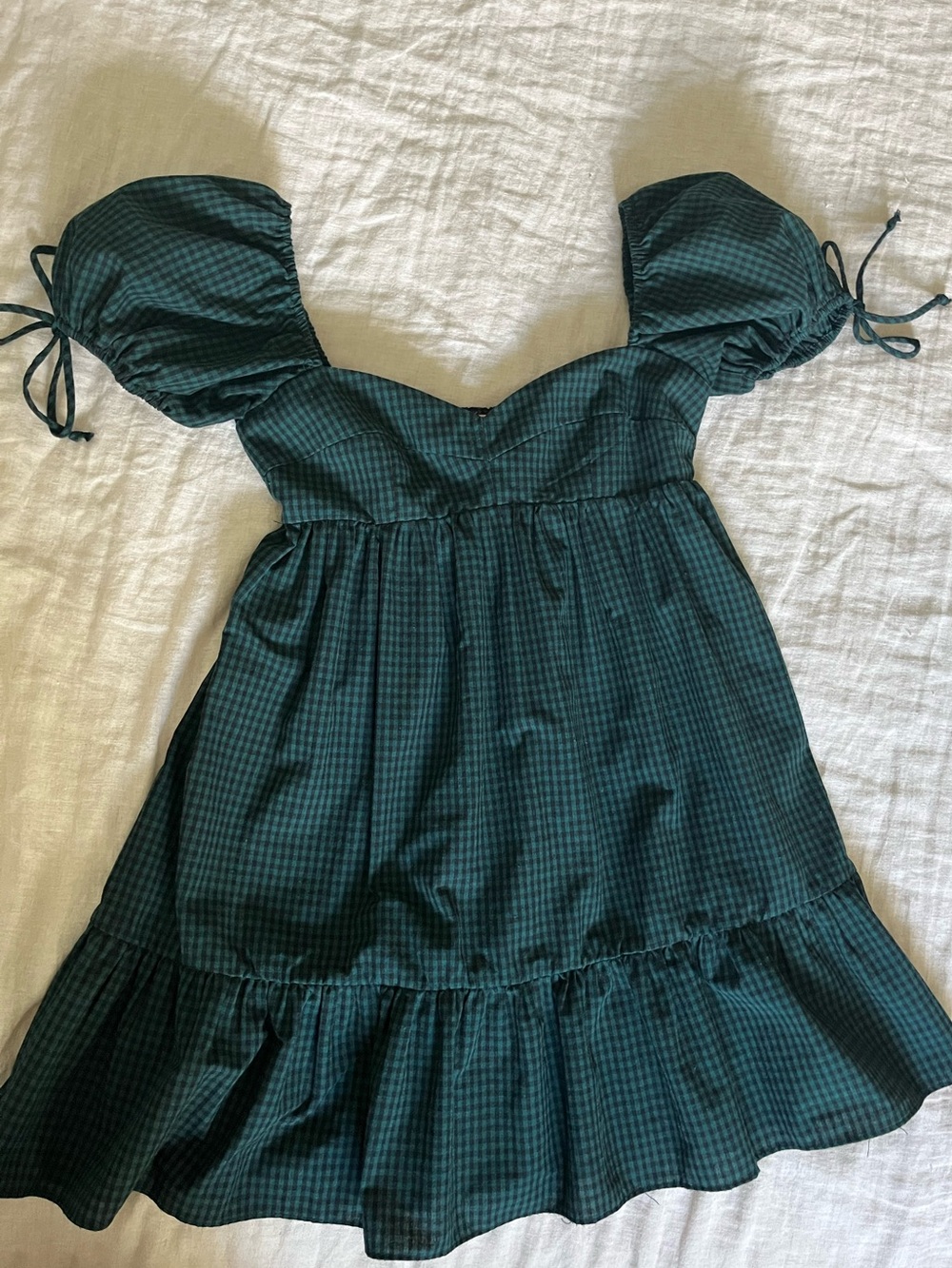 Olivaceous Jessie Berry baby doll dress, Dark Green Puff-Sleeve - linen cotton